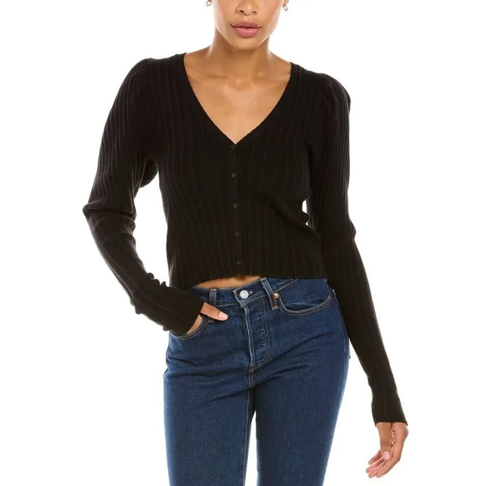 Autumn Cashmere Womens Cotton By  Rib Lettuce Edge Puff Sleeve Cardigan